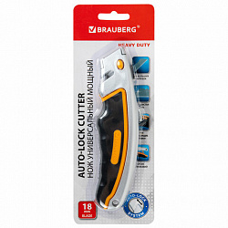 Нож универсальный мощный алюминиевый BRAUBERG "Heavy duty", автофиксатор, резиновые вставки, 238735