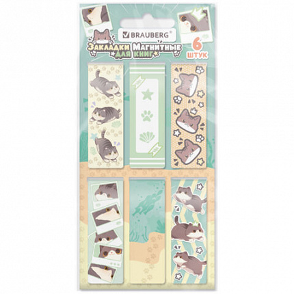 Закладки для книг МАГНИТНЫЕ, BRAUBERG "CUTE CATS", набор 6 штук, 60x20 мм, 116985