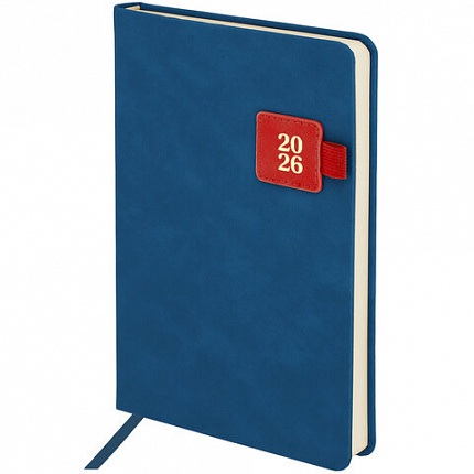 Ежедневник датированный 2026 А5 138х213 мм, BRAUBERG "Accent", под кожу, держатель, синий/красный, 117386