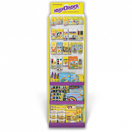 Стойка для размещения товара напольная ЮНЛАНДИЯ, 2050x600x500 мм, 25 крючков, 3 полки, металл, 504879