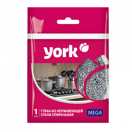 Губка (мочалка) металлическая, спиральная, 40 г, МЕГА, для посуды, гриля, плиты, YORK, 002030