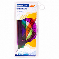 Набор чертежный средний BRAUBERG "FRUITY" (линейка 20 см, 2 треугольника, транспортир), пенал, 210771