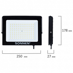 Прожектор светодиодный 100 Вт, 6500 К, 8000 Лм, 100 м2, IP65, 250x178x27 мм, черный, SONNEN, 238415