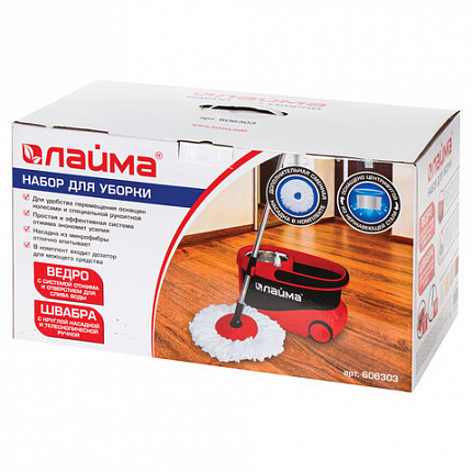 Швабра с отжимом и ведром 19л/9л на колесах и ручкой для перевозки, отжим центрифуга, 2 круглые насадки, черно-красный, LAIMA, 606303, M029B