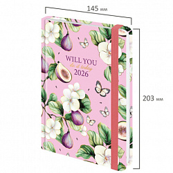 Ежедневник датированный 2026 с резинкой 145х203 мм, А5, BRAUBERG, твердый, фольга, "Инжир", 117337