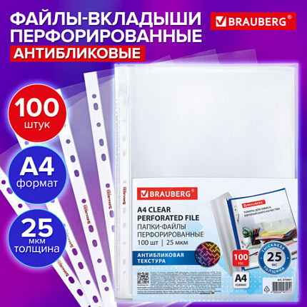 Папки-файлы перфорированные с антибликовой текстурой А4 BRAUBERG PIXEL, КОМПЛЕКТ 100 шт., 25 мкм, 273001