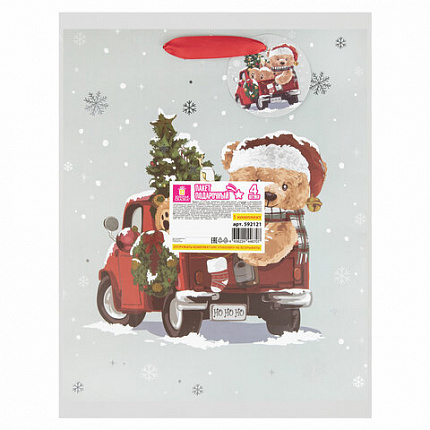 Пакет подарочный КОМПЛЕКТ 4 штуки новогодний 26x13x32 см, "Новогодний мишка", ЗОЛОТАЯ СКАЗКА, 592121