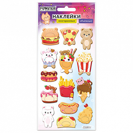 Наклейки объемные зефирные и гелевые 17,5х9,5 см, ассорти 12 видов, FUNSTER (ФАНСТЕР), 666677