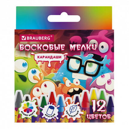 Восковые мелки BRAUBERG CUTE MONSTERS, 12 цветов, 273238
