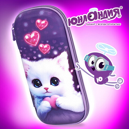 Пенал ЮНЛАНДИЯ, 1 отделение, 1 откидная планка, карман, EVA покрытие soft-touch, 22х10х5 см, "Cute cat", 273184