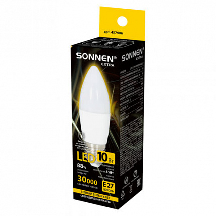 Лампа светодиодная SONNEN EXTRA, 10 (85) Вт, Е27, свеча, теплый белый, 30000 ч, LED C37-10W-2700-Е27, 457906