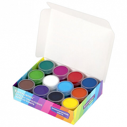 Краски акриловые для рисования и творчества 12 цветов по 20 мл BRAUBERG HOBBY, 192435