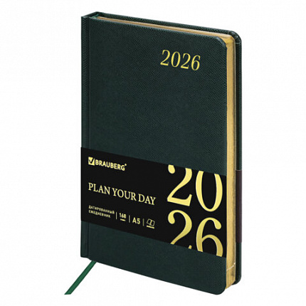 Ежедневник датированный 2026 А5 138x213 мм, BRAUBERG "Iguana", под кожу, темно-зеленый, 117058