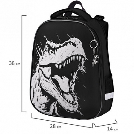 Ранец BRAUBERG SHINY, 2 отделения, с брелком, Scary dino, СВЕТЯЩИЙСЯ РИСУНОК, 38х28х14 см, 273143