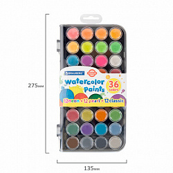 Краски акварельные BRAUBERG "PREMIUM" 36 цветов (12 базовых + 12 неоновых + 12 металлик) пенал, 191807