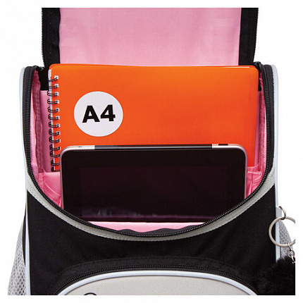 Ранец GRIZZLY анатомическая спинка, с мешком для обуви, для девочек, "BLACKY", серый, 33х25х13 см, RAm-584-1/2