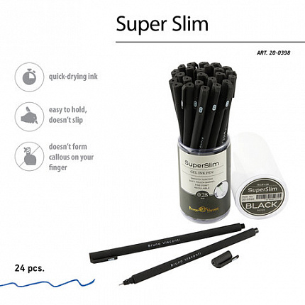 Ручка гелевая BRUNO VISCONTI "Super Slim Black", СИНЯЯ, узел 0,28 мм, линия 0,2 мм, 20-0398