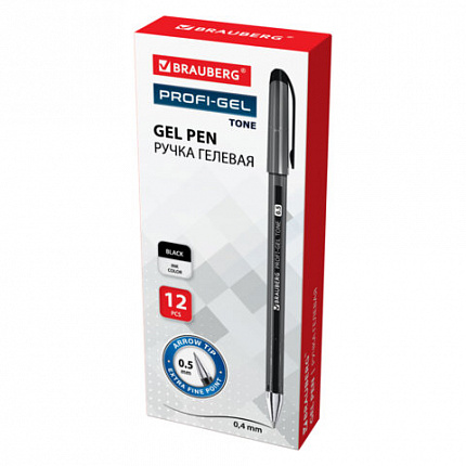 Ручка гелевая BRAUBERG "Profi-Gel TONE", ЧЕРНАЯ, линия письма 0,4 мм, стандартный наконечник 0,5 мм, тонированный корпус, 144127