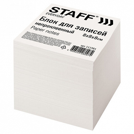 Блок для записей STAFF непроклеенный, куб 8х8х8 см, белый, белизна 70-80%, 111981