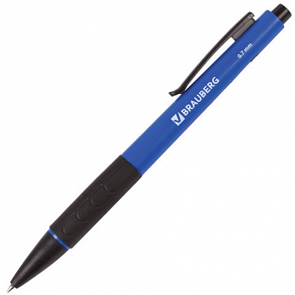 Ручка шариковая автоматическая с грипом BRAUBERG "Klasse", СИНЯЯ, корпус ассорти, узел 0,7 мм, линия письма 0,35 мм, 140588