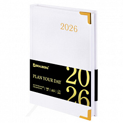 Ежедневник датированный 2026, А5, 138x213 мм, BRAUBERG "Senator", под кожу, белый, 117095