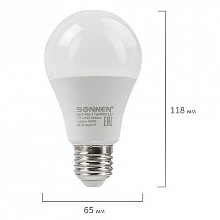 Лампа светодиодная SONNEN, 15 (130) Вт, цоколь Е27, груша, нейтральный белый, 30000 ч, LED A65-15W-4000-E27, 454920