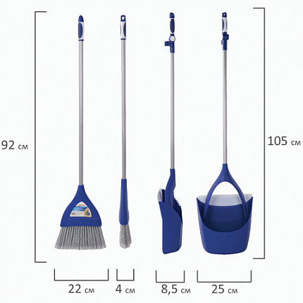 Совок для мусора КОМПЛЕКТ щетка + 2 рукоятки по 66 см металлические, резиновая кромка, синий, LAIMA, 601474