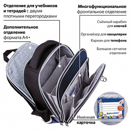 Ранец BRAUBERG QUADRO, 3 отделения, с брелоком, "Sport car", LED-ЛАМПОЧКИ, 37х28х18 см, 271359