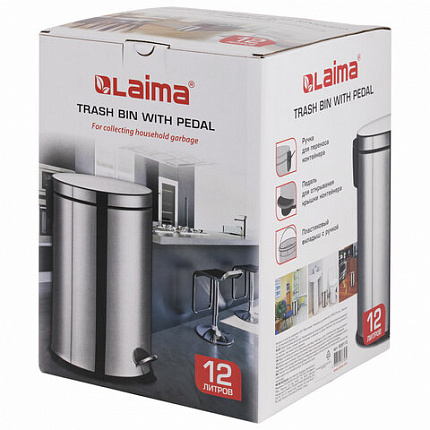 Ведро мусорное с педалью 12 литров "Classic Plus", ЗЕРКАЛЬНОЕ, нержавеющая сталь, со съемным внутренним ведром, LAIMA, ТУРЦИЯ, 608113