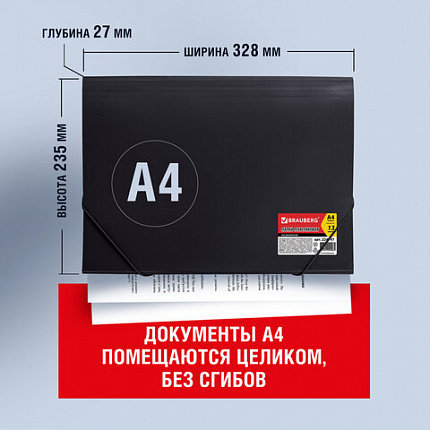 Папка на резинках BRAUBERG "Business", А4, 13 отделений, пластиковый индекс, черная, 0,5 мм, 224147