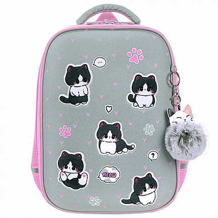 Ранец BRAUBERG LIGHT, 1 отделение, с брелком, "Cat patches", плюшевые нашивки, 36х26х13 см, 272030