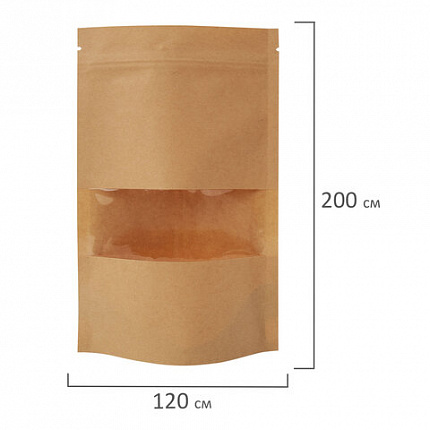 Пакеты дой-пак с замком ZIP LOCK, крафт с окном 50 мм, 120х200 + 40 мм, КОМПЛЕКТ 100 штук, 150 мкм, BRAUBERG, 700689