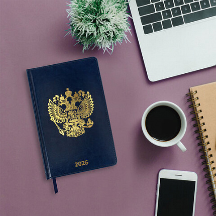 Ежедневник датированный 2026 А5 138х213 мм, BRAUBERG "State", под кожу, синий, 117416