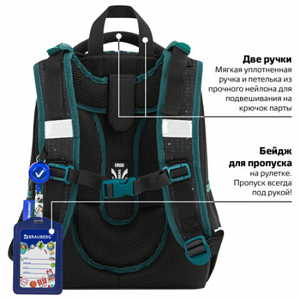 Ранец BRAUBERG PREMIUM, 2 отделения, с брелком, "Space mission", LED ЛАМПОЧКИ, 38х29х16 см, 270599