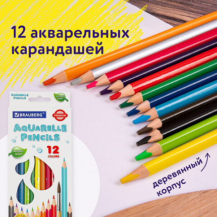 Карандаши цветные акварельные BRAUBERG PREMIUM AQUARELLE, 12 цветов, грифель мягкий 4 мм, 181671