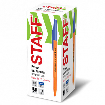 Ручка шариковая STAFF "Basic BP-66 ORANGE", СИНЯЯ, корпус оранжевый, узел 1 мм, линия письма 0,5 мм, 144453