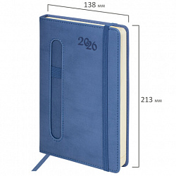 Ежедневник датированный 2026, А5, 138x213 мм, BRAUBERG "Optimal", под кожу, резинка, держатель для ручки, синий, 117464