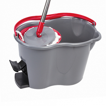 Швабра с отжимом и ведром 14л/7л, центрифуга отжим педалью, 2 круглые насадки, крепление кольцо, серо-красный, LAIMA, 603622
