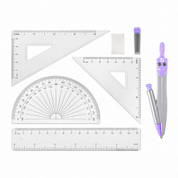 Готовальня BRAUBERG SCHOOL KIT, 9 предметов, циркуль 125 мм, чертежные принадлежности, лаванда, 210713