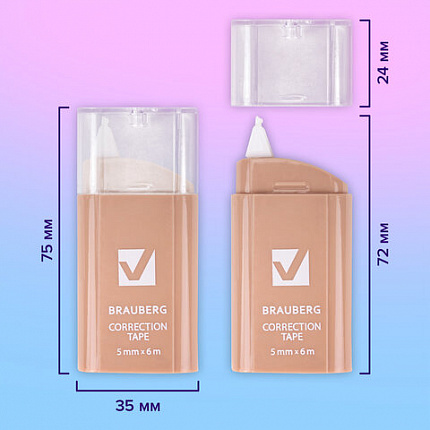 Корректирующая лента BRAUBERG COMPACT PASTEL, 5 мм х 6 м, КОМПЛЕКТ 6 штук, пенал с zip-lock, 272496