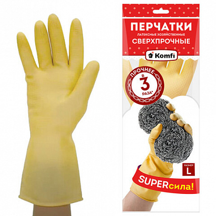 Перчатки МНОГОРАЗОВЫЕ латексные SUPER СИЛА СВЕРХПРОЧНЫЕ, бежевые, размер 8-9, L (большой), вес 98 г, Komfi, ADM, 20074