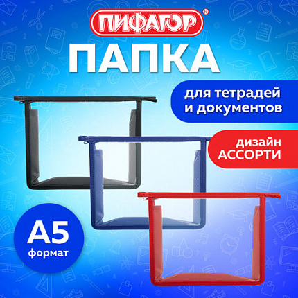 Папка для тетрадей ПИФАГОР А5, пластик, молния сверху, прозрачная, АССОРТИ, 274472
