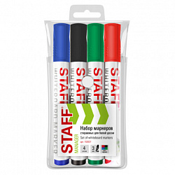 Маркеры стираемые для белой доски, НАБОР 4 ЦВЕТА, STAFF "MANAGER" WBM-300, 3 мм, с клипом, 152637