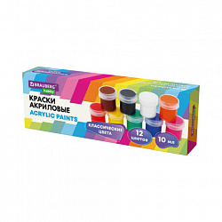 Краски акриловые для рисования и творчества 12 цветов по 10 мл, BRAUBERG HOBBY, 192433