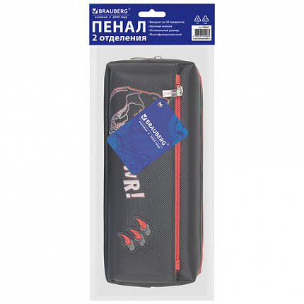 Пенал мягкий BRAUBERG, 2 отделения, полиэстер, "Roar", черный, 21х9х6 см, 272347