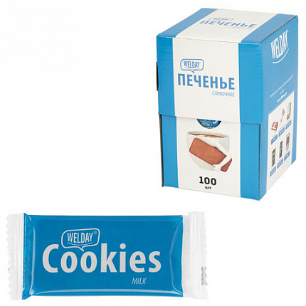 Печенье хрустящее в индивидуальной упаковке WELDAY (ВЭЛДЭЙ) "Сливочное", 100 штук в офис-боксе, 624096