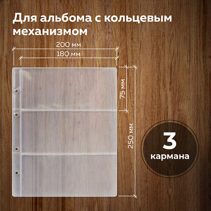 Листы-вкладыши для денежных купюр для альбома "Оптима" М9-05, комплект 5 шт., 200х250 мм, 3 кармана, ЛМБ-03