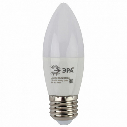 Лампа светодиодная ЭРА STD, 9 (80) Вт, цоколь E27, свеча, нейтральный белый свет, 35000 ч., LED B35-9W-840-E27, Б0027972