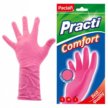 Перчатки МНОГОРАЗОВЫЕ латексные PACLAN "Practi Comfort", хлопчатобумажное напыление, размер 8,5-9, L (большой), розовые, вес 66 г, 407272