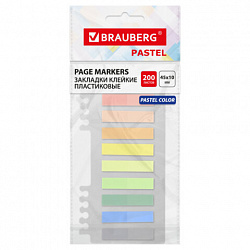 Закладки клейкие пастельные BRAUBERG PASTEL, пластиковые, 45х10 мм, 10 цветов х 20 листов, 115579